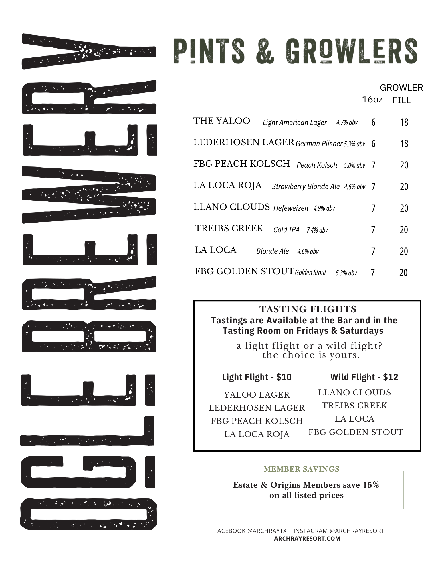 Beer Menu. Fredericksburg Texas Brewery- Ogle Brewery